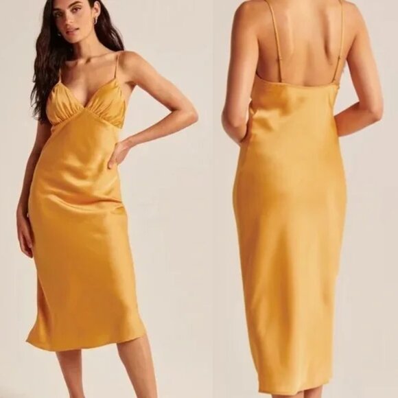 Abercrombie & Fitch Ruched Satin Slip Midi Dress XLP Marigold Dark Yellow $120 - Picture 2 of 16